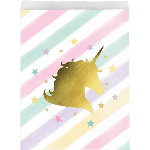 Party favor bag with diagonal pastel stripes in pink, yellow, green, blue, and purple. The center features a gold unicorn silhouette surrounded by colorful stars.