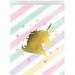 Party favor bag with diagonal pastel stripes in pink, yellow, green, blue, and purple. The center features a gold unicorn silhouette surrounded by colorful stars.