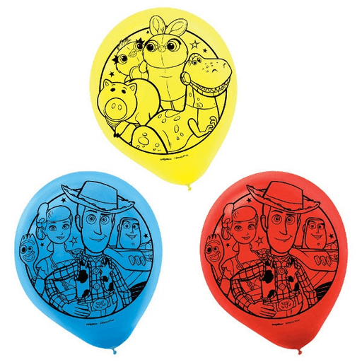 Close-up of three Toy Story latex balloons—one yellow, one blue, and one red—each featuring the same black character illustrations.