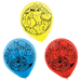 Close-up of three Toy Story latex balloons—one yellow, one blue, and one red—each featuring the same black character illustrations.