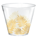 Clear plastic party cup decorated with metallic gold tropical palm leaf designs around the bottom half.