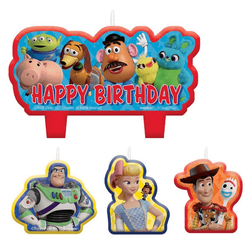 Set of Toy Story-themed birthday candles. Includes a large candle with Mr. Potato Head, Hamm, Slinky Dog, the Aliens, Bunny, and Ducky above the words 'Happy Birthday,' plus three smaller candles featuring Buzz Lightyear, Bo Peep, and Woody with Forky.