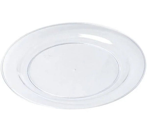 Round clear plastic plate with a smooth surface and a subtle raised rim. The plate has a simple, untextured design with a slightly recessed center and a glossy finish.