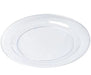 Round clear plastic plate with a smooth surface and a subtle raised rim. The plate has a simple, untextured design with a slightly recessed center and a glossy finish.