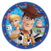 Round party plate featuring characters from Toy Story. Woody is in the front, with Bo Peep, Forky, and Buzz Lightyear behind him. The plate has a blue border decorated with orange stars.