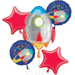 Set of space-themed foil balloons. Includes a large silver rocket-shaped balloon, two round blue balloons with a rocket design and the words 'Birthday Blast!', and two red star-shaped balloons.