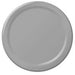 Silver paper plate with smooth center and embossed rim – disposable round plate for parties, picnics, and events.