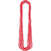 Eight metallic red beaded necklaces arranged in a looped bundle against a white background. The beads are small, round, and glossy. 