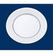 Round white plastic plate with a textured outer rim and a smooth, recessed center. The plate is shown on a dark blue background, viewed from the top to highlight its circular shape and decorative border detail.