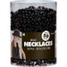 A clear plastic container holding 50 shiny black bead necklaces, each measuring 30 inches long. The packaging features a black label with an image of a person wearing the shiny black beads and text indicating 'Bead Necklaces, 50 Pcs - 30 In (76.2 CM).' Ideal for parties, celebrations, and events.