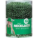 A clear plastic container holding 50 shiny green bead necklaces, each measuring 30 inches long. The packaging features a green label with an image of a person wearing the shiny green beads and text indicating 'Bead Necklaces, 50 Pcs - 30 In (76.2 CM).' Ideal for parties, celebrations, and events.