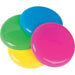 Set of four colorful plastic flying discs stacked in a fan arrangement. The frisbees are solid-colored in bright pink, blue, green, and yellow, each with a smooth, glossy surface and subtle ridged detail near the edges.
