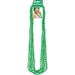 Eight strands of green metallic beaded necklaces displayed in a looped bundle, attached to green packaging with white text and a small image of a person wearing the necklace.