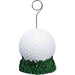 Golf ball-shaped balloon weight featuring a white dimpled golf ball resting on a green grass-like base. A metal loop at the top is designed for securing balloons, ideal for golf-themed parties and events.