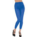 Bright blue footless tights with a snug, stretchy fit, extending to the ankle. Suitable for costumes, dancewear, athletic outfits, or bold fashion statements.