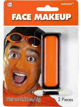Orange face makeup kit by Amscan featuring a rectangular pan of bright orange cream face paint and applicator – packaged on a blister card with an image of a smiling man wearing the paint – includes 2 pieces, net weight 0.21 oz (6g), ideal for costumes, spirit days, and themed events.
