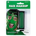 Green face makeup kit by Amscan featuring a rectangular pan of bright green cream face paint and applicator – packaged on a blister card with an image of a smiling man wearing the paint – includes 2 pieces, net weight 0.21 oz (6g), ideal for costumes, spirit days, and themed events.