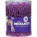 A clear plastic container holding 50 shiny purple bead necklaces, each measuring 30 inches long. The packaging features a purple label with an image of a person wearing the shiny purple beads and text indicating 'Bead Necklaces, 50 Pcs - 30 In (76.2 CM).' Ideal for parties, celebrations, and events.