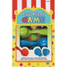 Colorful boxed set labeled 'Egg Relay Game' with a carnival-themed design. The package includes 3 plastic spoons in red, green, and blue, 3 matching plastic eggs that split open, and 3 fluffy wobbly balls in coordinating colors. The packaging background features polka dots, stripes, and playful font styles. A clear window displays the game pieces inside, and a label at the bottom lists the contents in both English and French.