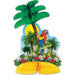 Tropical-themed centerpiece featuring a 3D green tissue palm tree, a colorful parrot perched among lush tropical foliage, vibrant flowers, and a bright yellow honeycomb base. A yellow sun and blue sky background complete the island scene.