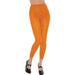 Bright orange footless tights with a snug, stretchy fit, extending to the ankle. Suitable for costumes, dancewear, athletic outfits, or bold fashion statements.