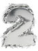 Silver number one piñata covered with metallic fringe, shaped like the numeral 2.