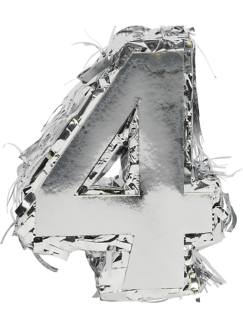 Silver number one piñata covered with metallic fringe, shaped like the numeral 4.