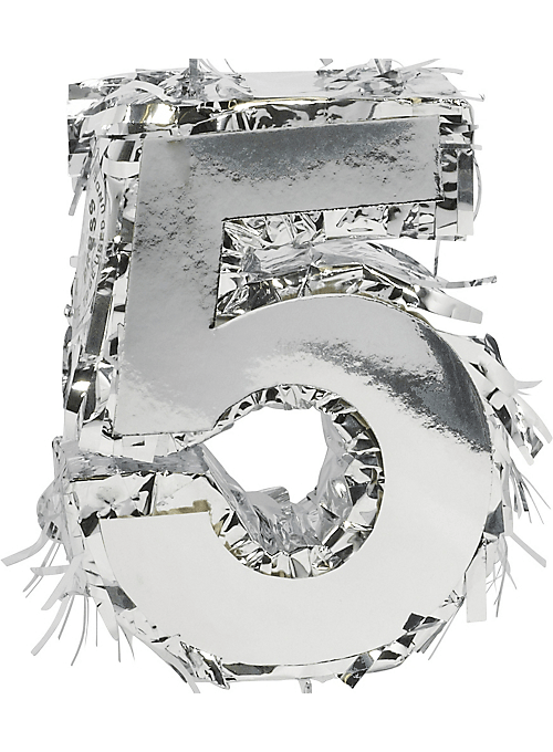 Silver number one piñata covered with metallic fringe, shaped like the numeral 5.