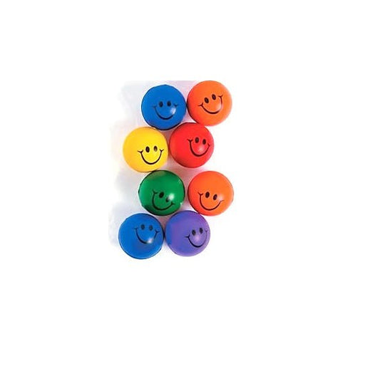 8 smiley face 2-inch bouncy balls in assorted colors.