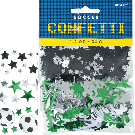 Package of soccer-themed confetti featuring a mix of shapes including black and white soccer balls, and metallic stars in black, silver, and green. The confetti comes in a 1.2 oz (34 g) bag and is ideal for decorating soccer-themed parties and celebrations.