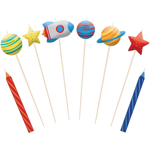 Set of space-themed birthday candles. Includes two striped taper candles in red and blue, plus stick candles shaped like planets, a rocket, and stars in bright colors.