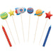 Set of space-themed birthday candles. Includes two striped taper candles in red and blue, plus stick candles shaped like planets, a rocket, and stars in bright colors.