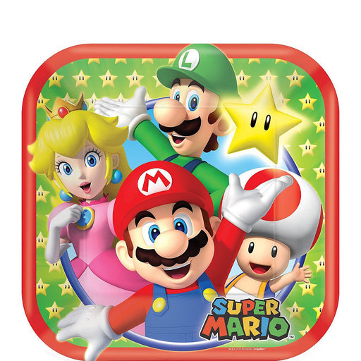 Square party plate featuring Super Mario characters including Mario, Luigi, Princess Peach, and Toad, with a bright green starry background and red border. The words 'Super Mario' appear in the lower-right corner.