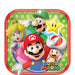 Square party plate featuring Super Mario characters including Mario, Luigi, Princess Peach, and Toad, with a bright green starry background and red border. The words 'Super Mario' appear in the lower-right corner.