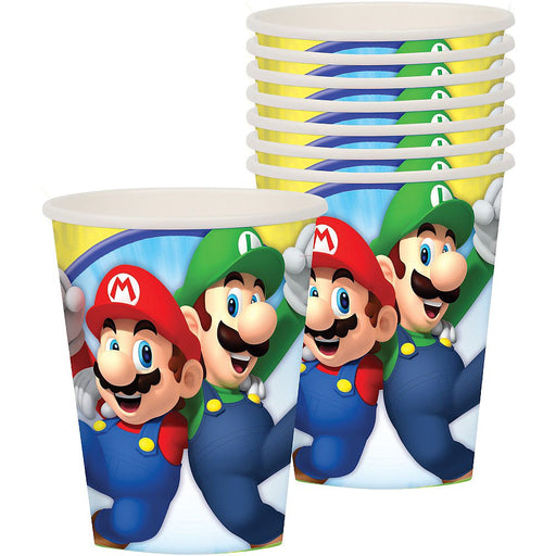 Stack of paper cups featuring Super Mario and Luigi with cheerful expressions, shown in a set of multiple cups.