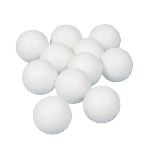 11 of white ping pong balls arranged in a loose pile on a plain background. Each ball is smooth, round, and uniformly colored with a subtle seam line visible around the center.