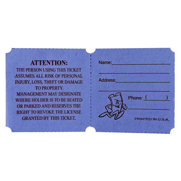 Blue raffle ticket with two sections: the left side displaying an attention notice about liability and management rights, and the right side featuring fill-in fields for name, address, and phone number, along with a small cartoon ticket character illustration.