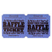 Blue raffle tickets with black text and decorative designs, reading 'RAFFLE TICKET' on one side and 'KEEP THIS COUPON – RAFFLE – REDEEM FOR PRIZES' on the other, each ticket numbered sequentially.