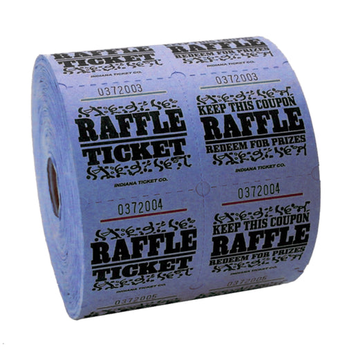 Large roll of blue raffle tickets with black text and decorative designs, reading 'RAFFLE TICKET' on one side and 'KEEP THIS COUPON – RAFFLE – REDEEM FOR PRIZES' on the other, each ticket numbered sequentially.