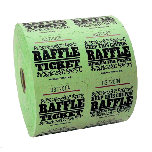 Large roll of green raffle tickets with black text and decorative designs, reading 'RAFFLE TICKET' on one side and 'KEEP THIS COUPON – RAFFLE – REDEEM FOR PRIZES' on the other, each ticket numbered sequentially.