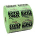 Large roll of green raffle tickets with black text and decorative designs, reading 'RAFFLE TICKET' on one side and 'KEEP THIS COUPON – RAFFLE – REDEEM FOR PRIZES' on the other, each ticket numbered sequentially.