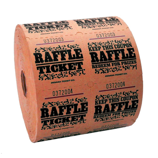 Large roll of orange raffle tickets with black text and decorative designs, reading 'RAFFLE TICKET' on one side and 'KEEP THIS COUPON – RAFFLE – REDEEM FOR PRIZES' on the other, each ticket numbered sequentially.