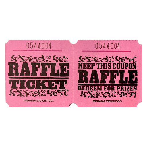 Pink raffle tickets with black text and decorative designs, reading 'RAFFLE TICKET' on one side and 'KEEP THIS COUPON – RAFFLE – REDEEM FOR PRIZES' on the other, each ticket numbered sequentially.