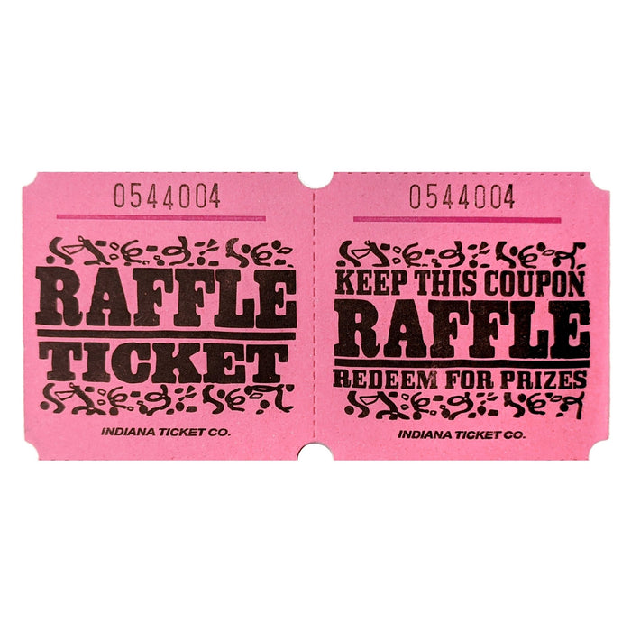Pink raffle tickets with black text and decorative designs, reading 'RAFFLE TICKET' on one side and 'KEEP THIS COUPON – RAFFLE – REDEEM FOR PRIZES' on the other, each ticket numbered sequentially.