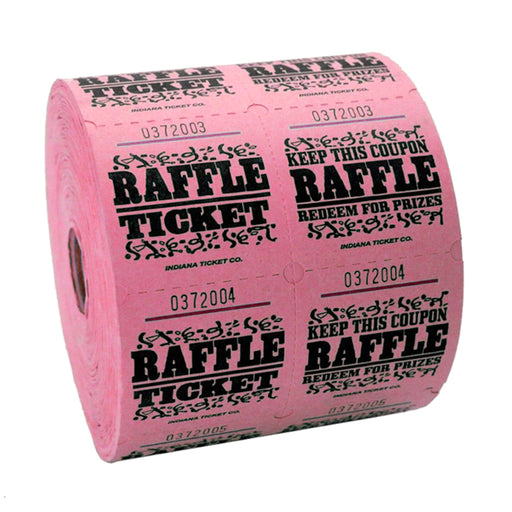 Large roll of pink raffle tickets with black text and decorative designs, reading 'RAFFLE TICKET' on one side and 'KEEP THIS COUPON – RAFFLE – REDEEM FOR PRIZES' on the other, each ticket numbered sequentially.
