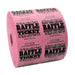 Large roll of pink raffle tickets with black text and decorative designs, reading 'RAFFLE TICKET' on one side and 'KEEP THIS COUPON – RAFFLE – REDEEM FOR PRIZES' on the other, each ticket numbered sequentially.
