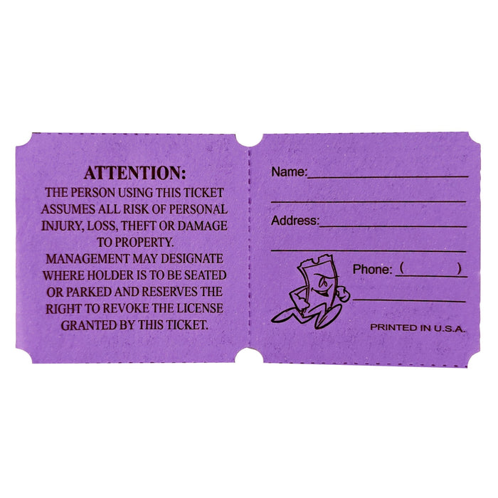 Purple raffle ticket with two sections: the left side displaying an attention notice about liability and management rights, and the right side featuring fill-in fields for name, address, and phone number, along with a small cartoon ticket character illustration.