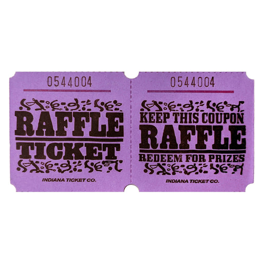 Purple raffle tickets with black text and decorative designs, reading 'RAFFLE TICKET' on one side and 'KEEP THIS COUPON – RAFFLE – REDEEM FOR PRIZES' on the other, each ticket numbered sequentially.
