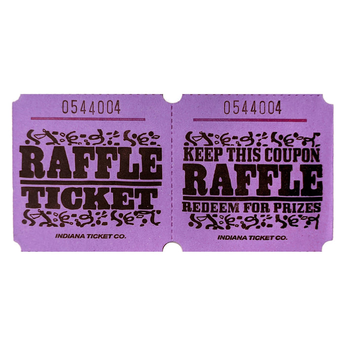 Purple raffle tickets with black text and decorative designs, reading 'RAFFLE TICKET' on one side and 'KEEP THIS COUPON – RAFFLE – REDEEM FOR PRIZES' on the other, each ticket numbered sequentially.