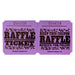 Purple raffle tickets with black text and decorative designs, reading 'RAFFLE TICKET' on one side and 'KEEP THIS COUPON – RAFFLE – REDEEM FOR PRIZES' on the other, each ticket numbered sequentially.
